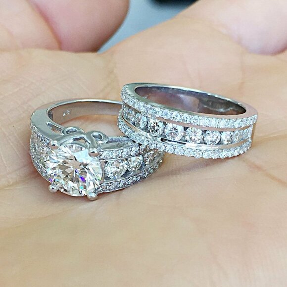 🌸Bague Eternity Full CZ Diamonds Silver Plated Couple Chunky Ring Set,UNVN12286 - Picture 9 of 10